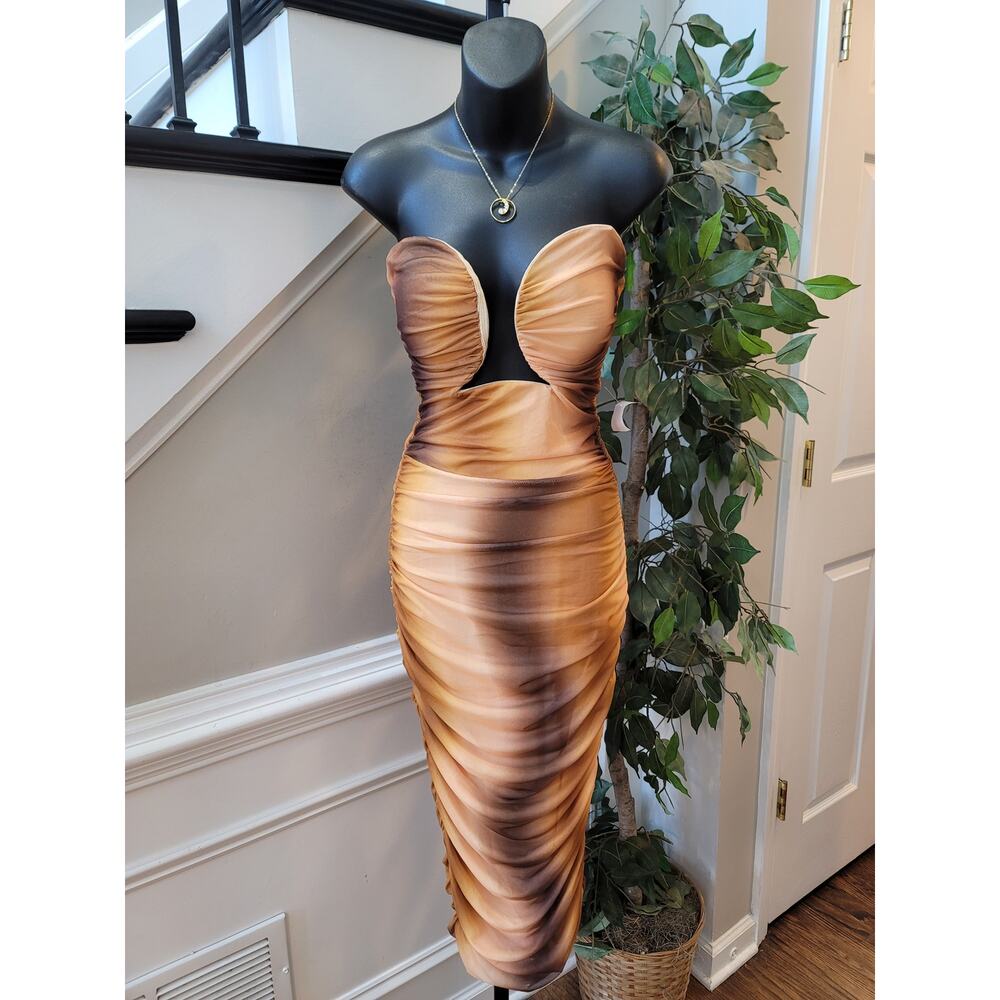 Blanc Midi Dress Womens Medium Brown Beige Wired Mesh Ruched Cutout U-Bar Casual - Picture 2 of 13